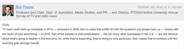 Bob Papper comment in Value of TV News forum